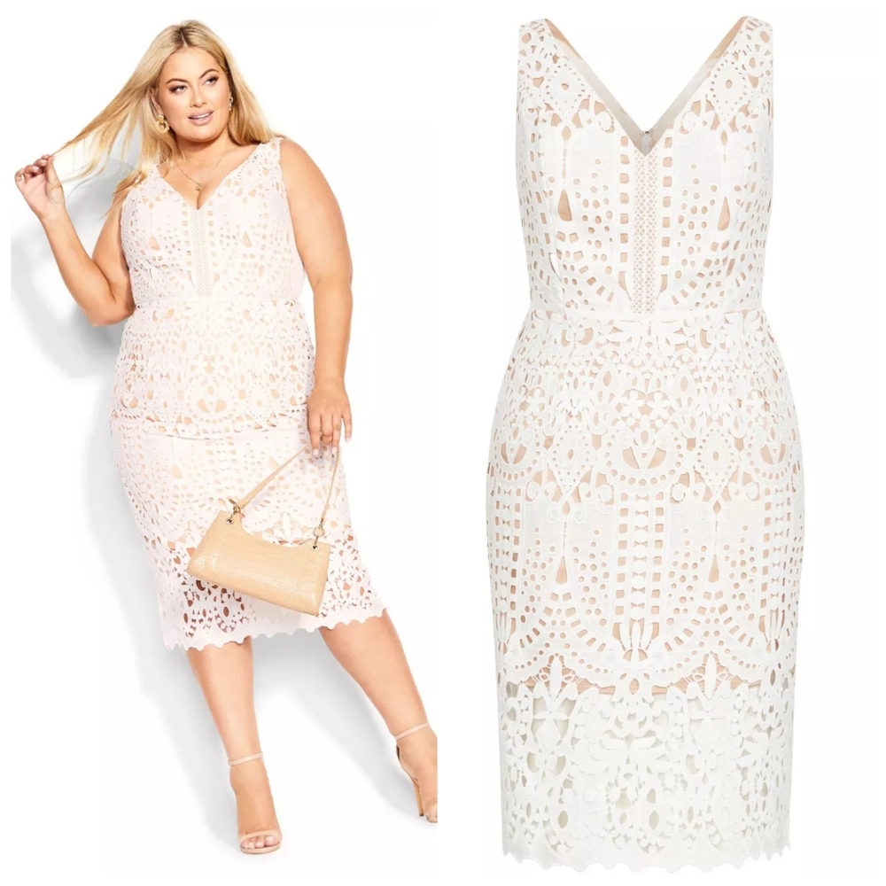 City Chic All Class Lace Midi Dress | US 20 Plus | Ivory V-Neck Cocktail | NWT